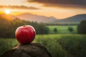 an apple sits on a stump in front of a sunset. AI-Generated photo