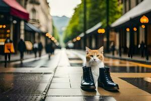 a cat sitting in a pair of black boots on a city street. AI-Generated photo