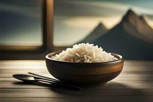 rice in a bowl with mountains in the background. AI-Generated photo