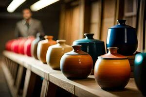 a row of colorful vases on a shelf. AI-Generated photo