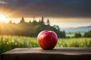 a red apple on a wooden table in front of a field. AI-Generated photo