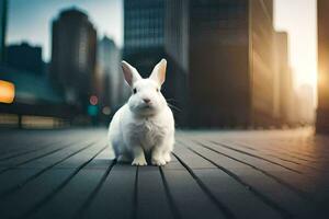 a white rabbit sitting on a wooden floor in front of a city. AI-Generated photo