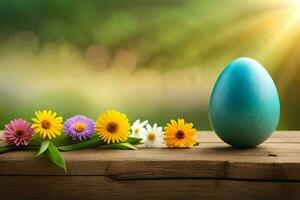 the easter egg is on a wooden table with flowers and a sun shining in the background. AI-Generated photo