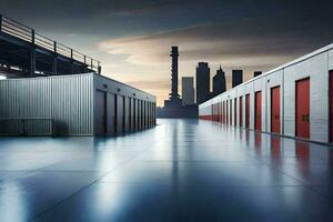 a row of storage units in an industrial area. AI-Generated photo