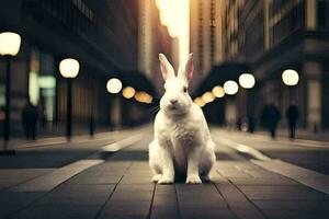 white rabbit sitting on the street in a city. AI-Generated photo