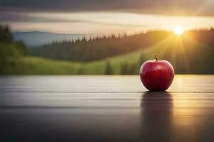 un manzana se sienta en un mesa en frente de un puesta de sol. generado por ai foto