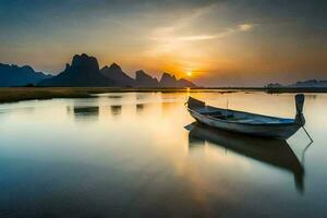 a boat sits on the water at sunset with mountains in the background. AI-Generated photo