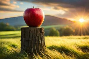 an apple is sitting on top of a stump in a field. AI-Generated photo