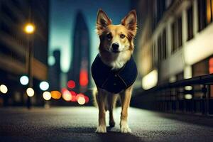 a dog wearing a jacket standing on a street at night. AI-Generated photo