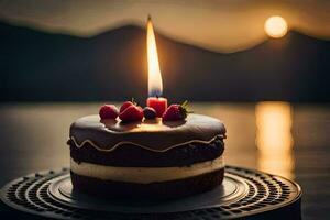 un chocolate pastel con un vela en cima. generado por ai foto