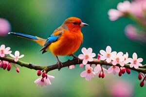 a colorful bird sits on a branch with pink flowers. AI-Generated photo