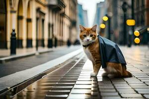 a cat wearing a raincoat on a city street. AI-Generated photo