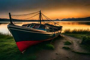 a boat sits on the shore at sunset. AI-Generated photo