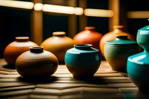 a group of colorful vases sitting on a wooden table. AI-Generated photo