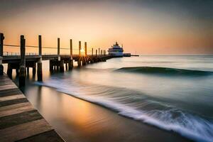 un muelle con un faro a puesta de sol. generado por ai foto