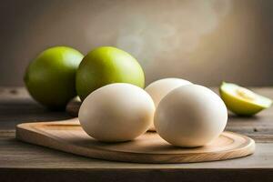 three eggs on a cutting board with green avocado. AI-Generated photo