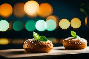 two small pastries on a wooden board with lights in the background. AI-Generated photo