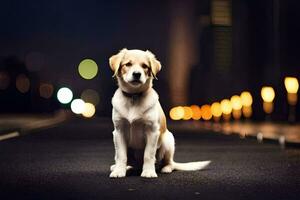 a dog sitting on the road at night. AI-Generated photo