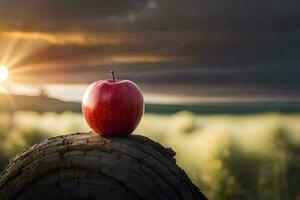 an apple sits on top of a stump in front of a sunset. AI-Generated photo