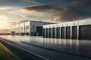 a large warehouse building with a sun setting behind it. AI-Generated photo
