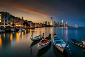 boats docked in the water at dusk with the skyline in the background. AI-Generated photo