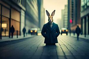 a rabbit wearing a suit and tie in the middle of a city street. AI-Generated photo