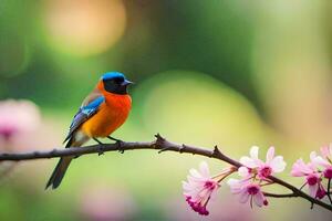 a colorful bird sits on a branch with pink flowers. AI-Generated photo