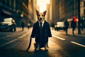 un perro vestido en un traje y Corbata en pie en un calle. generado por ai foto