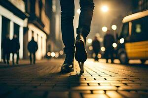 un persona caminando abajo un calle a noche. generado por ai foto