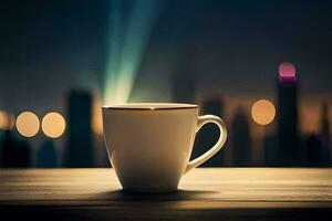 a coffee cup sits on a table in front of a cityscape. AI-Generated photo