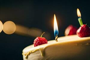 un cerca arriba de un cumpleaños pastel con dos velas generado por ai foto