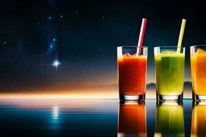 three glasses of juice with straws on the edge of the water. AI-Generated photo