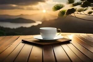 a cup of coffee on a wooden table in front of a beautiful view. AI-Generated photo