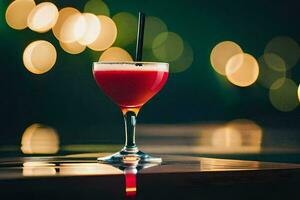 a red cocktail sitting on a table in front of a bokeh background. AI-Generated photo