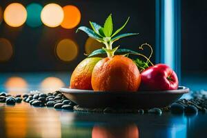 un cuenco de Fruta y vegetales en un mesa. generado por ai foto