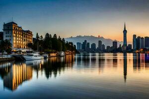 the city skyline is reflected in the water at sunset. AI-Generated photo