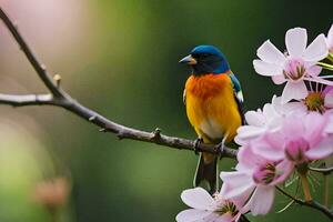 a colorful bird sits on a branch with pink flowers. AI-Generated photo