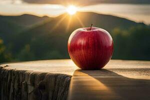 an apple sits on top of a wooden table with the sun shining behind it. AI-Generated photo