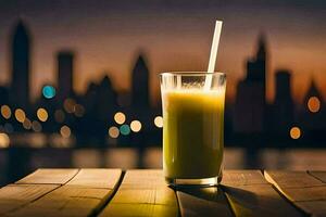 a glass of juice on a table in front of a city skyline. AI-Generated photo