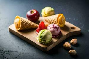 ice cream in a cone on a wooden board. AI-Generated photo