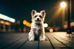 a small dog sitting on a brick walkway at night. AI-Generated photo