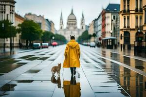 a woman in a yellow raincoat walking her cat on a wet street. AI-Generated photo