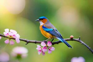 a blue and orange bird sits on a branch with pink flowers. AI-Generated photo