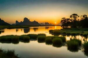 el Dom conjuntos terminado un río y montañas. generado por ai foto