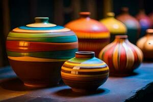 a row of colorful vases on a table. AI-Generated photo