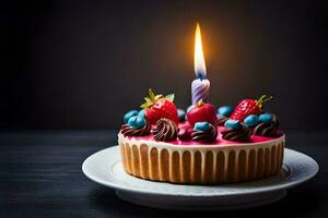 a birthday cake with a lit candle. AI-Generated photo