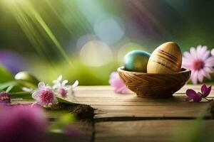 easter eggs in a wooden bowl on a table with flowers. AI-Generated photo