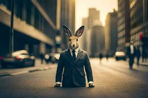 a rabbit dressed in a suit and tie standing in the middle of a city street. AI-Generated photo