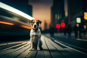 un perro sentado en el calle a noche. generado por ai foto