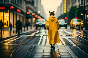 a fox in a raincoat walking down a street. AI-Generated photo
